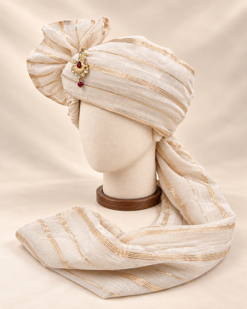 Left side view of ivory fine gold stripe premium barati safa showing the striped wrap and long tail