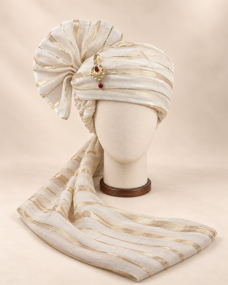 Front view of ivory gold stripe premium Barati Safa showing the striped wrap and broad fan