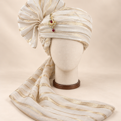 Front view of ivory gold stripe premium Barati Safa showing the striped wrap and broad fan