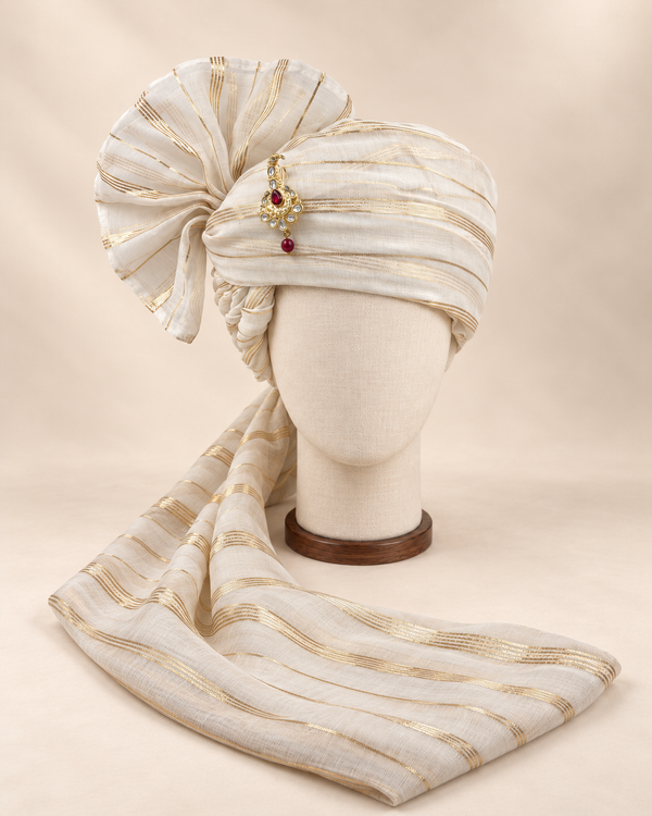 Front view of ivory gold stripe premium Barati Safa showing the striped wrap and broad fan