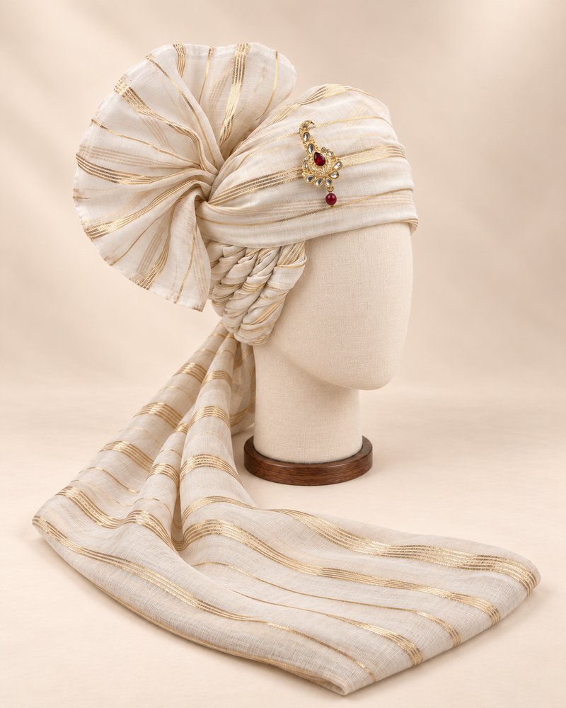 Right side view of ivory gold stripe premium Barati Safa showing twisted folds and fan detail