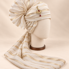 Right side view of ivory gold stripe premium Barati Safa showing twisted folds and fan detail