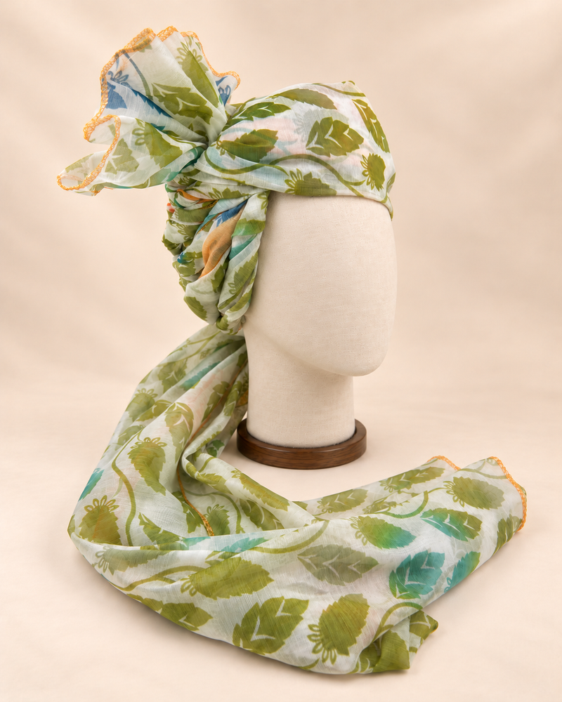 Right side view of ivory green leaf print barati safa showing twisted folds and fan detail