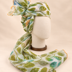 Right side view of ivory green leaf print barati safa showing twisted folds and fan detail