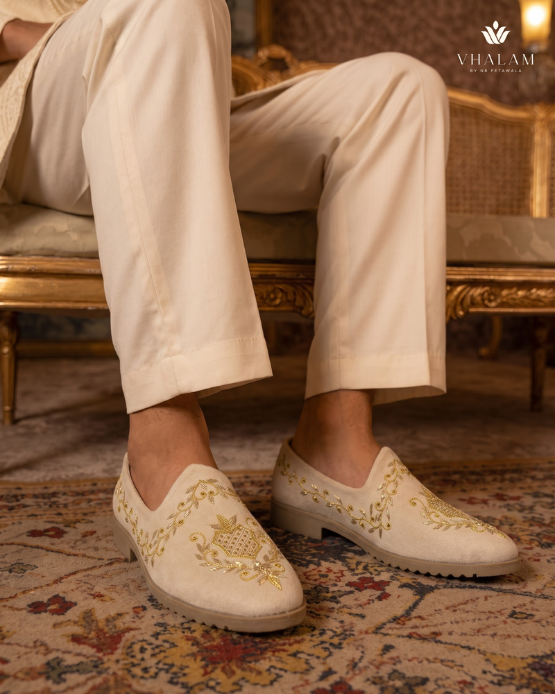 Ivory Gold Wreath Embroidered Wedding Loafers | styling view 2
