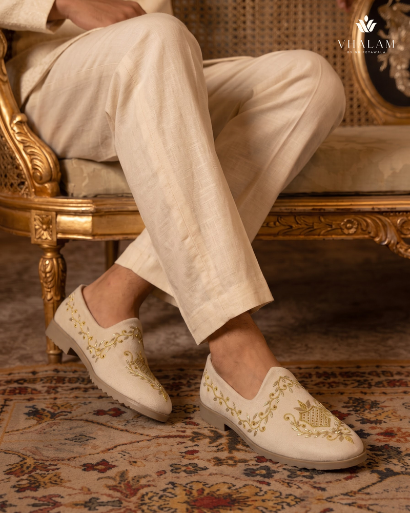 Ivory Gold Wreath Embroidered Wedding Loafers | styling view 3