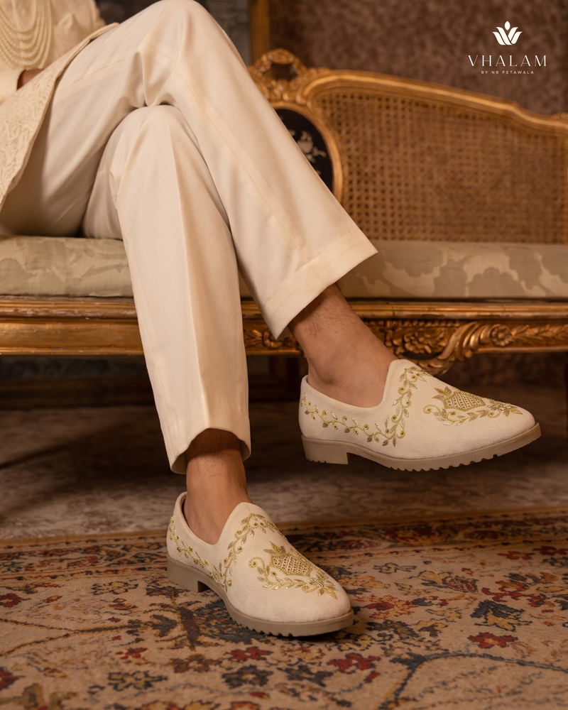 Ivory Gold Wreath Embroidered Wedding Loafers | styling view 4