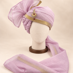 Front view of lavender gold border premium barati safa showing the gold-tone border and broad fan