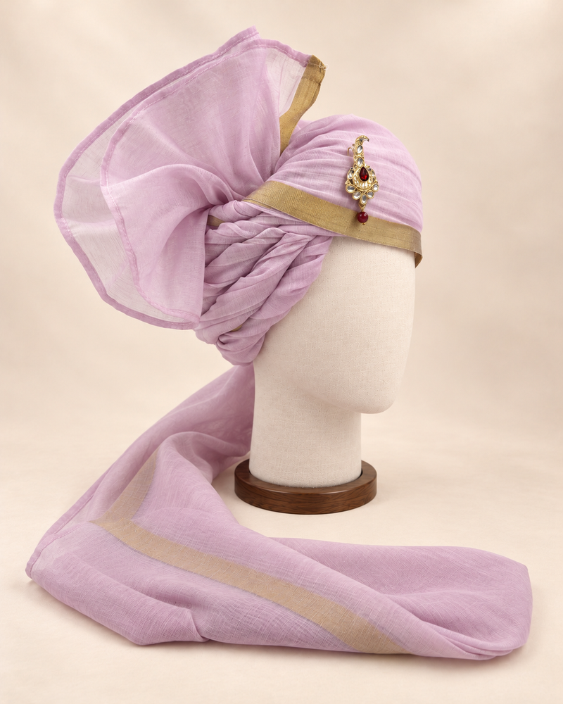 Right side view of lavender gold border premium barati safa showing the twisted folds and fan detail