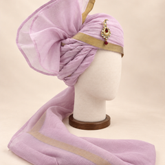 Right side view of lavender gold border premium barati safa showing the twisted folds and fan detail