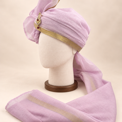 Left side view of lavender gold border premium barati safa showing the smooth wrap and long bordered tail