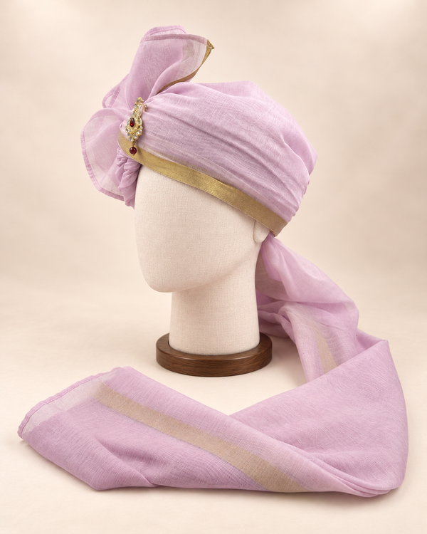 Left side view of lavender gold border premium barati safa showing the smooth wrap and long bordered tail