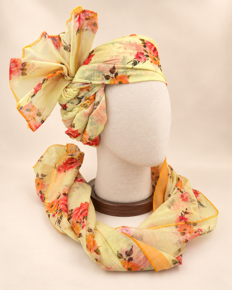 Right side view of lemon yellow floral Barati Safa showing twisted folds and floral fan