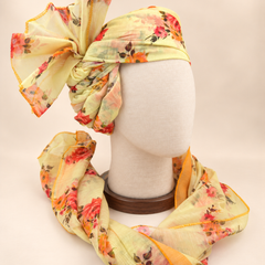 Right side view of lemon yellow floral Barati Safa showing twisted folds and floral fan
