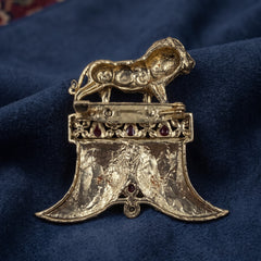 Gold-Tone Lion Crest Brooch with Red Accents, rear view