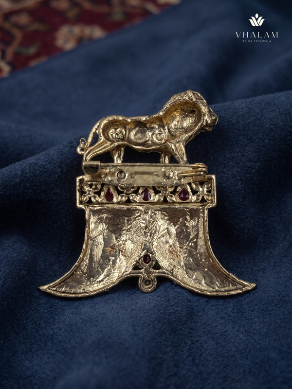 Gold-Tone Lion Crest Brooch with Red Accents, rear view