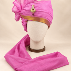 Front view of magenta gold border premium barati safa showing the gold-tone border and broad fan