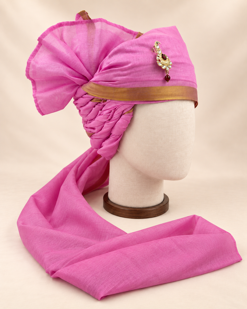 Right side view of magenta gold border premium barati safa showing the twisted folds and fan detail