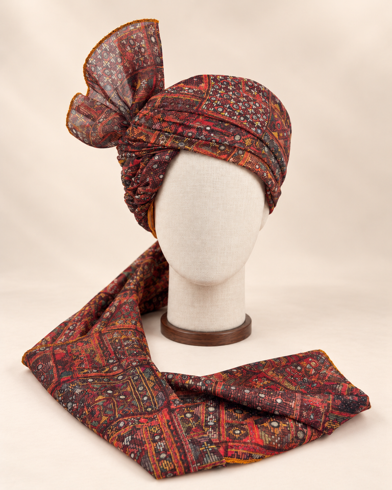 Front view of maroon and charcoal geometric Barati Safa with ochre accents and patterned tail