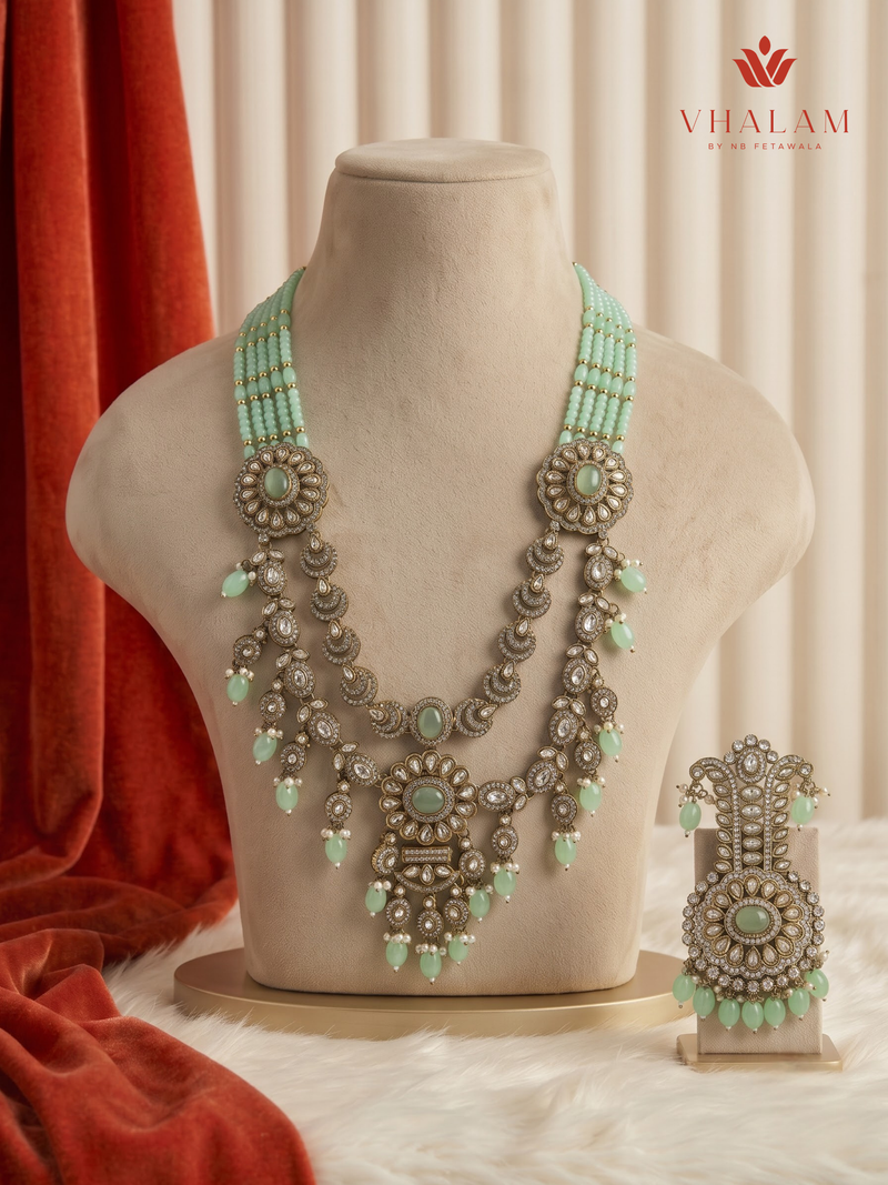 Mint Bead Rosette Moissanite Dulha Mala on a cream display bust