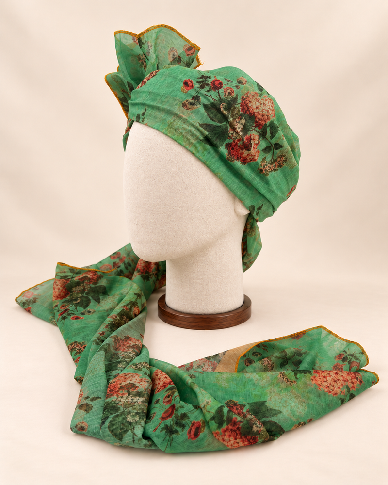 Left side view of mint green rose floral print barati safa showing the smooth wrap and long patterned tail