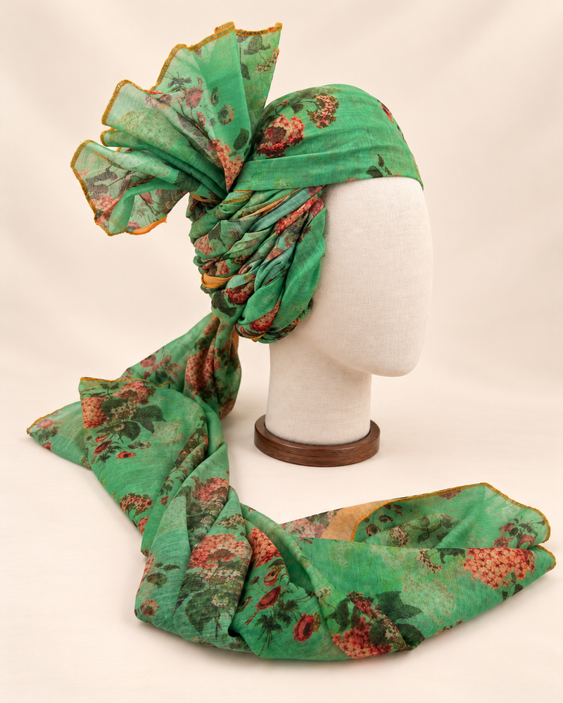 Right side view of mint green rose floral print barati safa showing twisted folds and fan detail