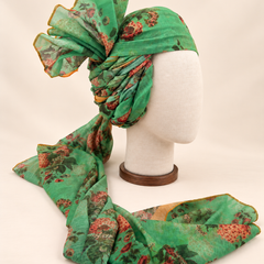 Right side view of mint green rose floral print barati safa showing twisted folds and fan detail
