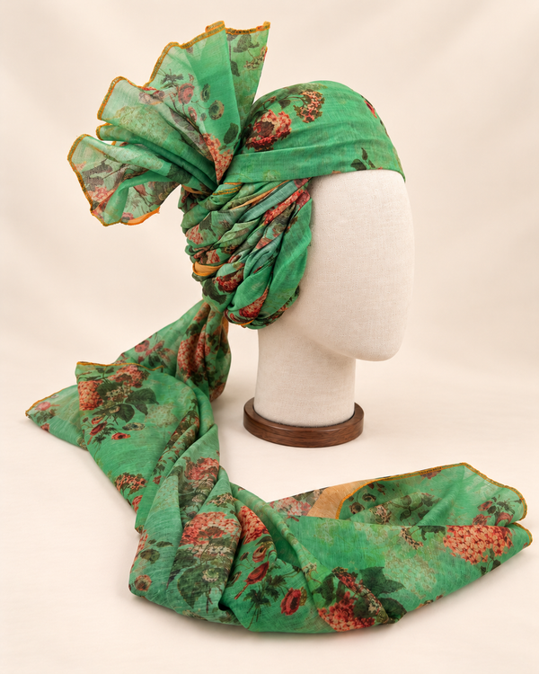 Right side view of mint green rose floral print barati safa showing twisted folds and fan detail