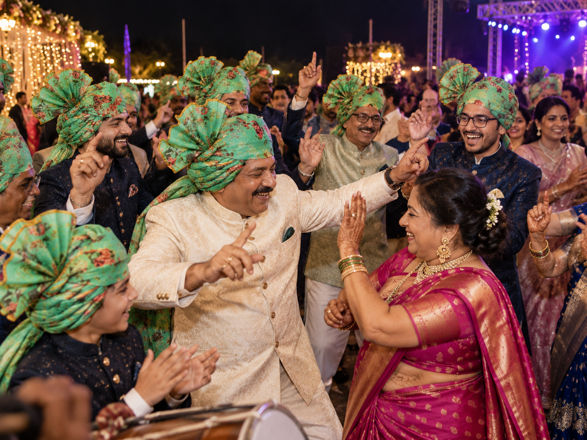 Family dancing at a night baraat wearing mint green rose floral Barati Safas.