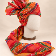 Right side view of multicolour banded bandhani print barati safa showing twisted folds and fan detail