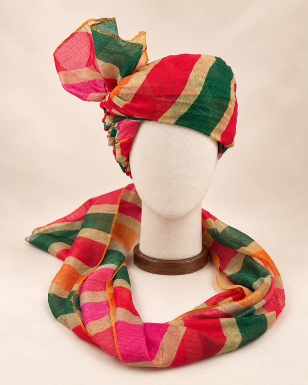 Front view of multicolour bold stripe barati safa showing the patterned wrap and fan