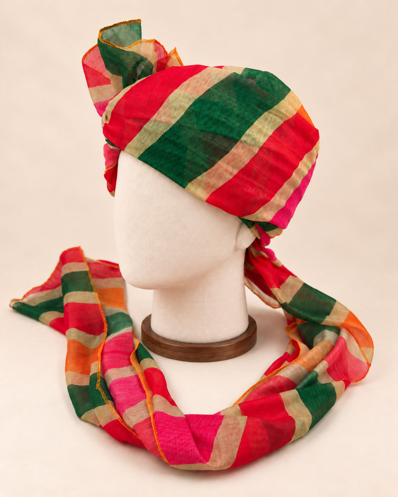 Left side view of multicolour bold stripe barati safa showing the smooth wrap and long patterned tail
