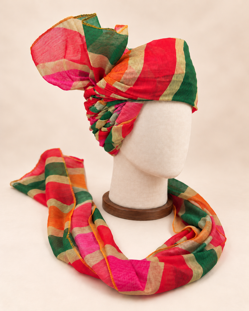 Right side view of multicolour bold stripe barati safa showing twisted folds and fan detail