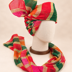 Right side view of multicolour bold stripe barati safa showing twisted folds and fan detail