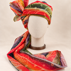 Front view of multicolour circle stripe print barati safa showing the patterned wrap and fan