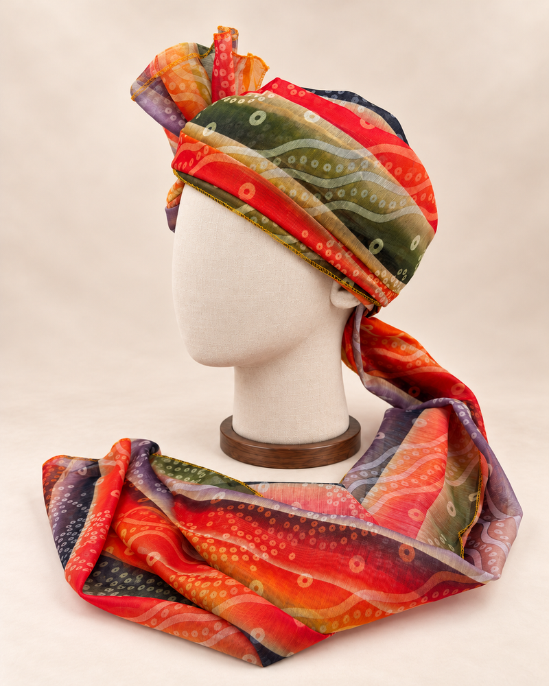 Left side view of multicolour circle stripe print barati safa showing the smooth wrap and long patterned tail