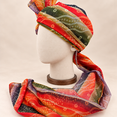 Left side view of multicolour circle stripe print barati safa showing the smooth wrap and long patterned tail