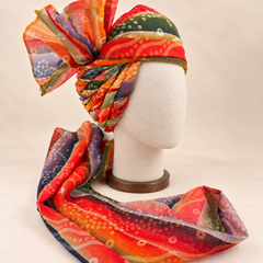 Right side view of multicolour circle stripe print barati safa showing twisted folds and fan detail