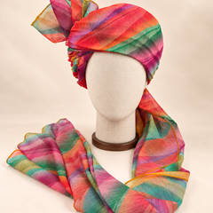 Front view of multicolour leheriya Barati Safa with coral magenta green teal and mustard stripes