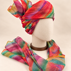 Right side view of multicolour leheriya Barati Safa showing twisted folds and striped fan