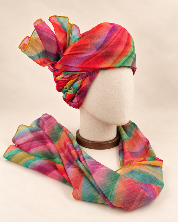 Right side view of multicolour leheriya Barati Safa showing twisted folds and striped fan