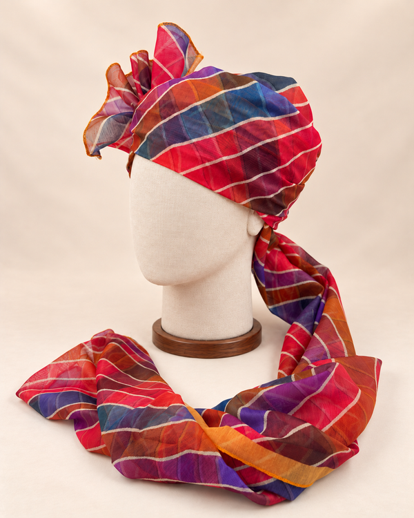 Left side view of multicolour leheriya stripe barati safa showing the smooth wrap and long patterned tail
