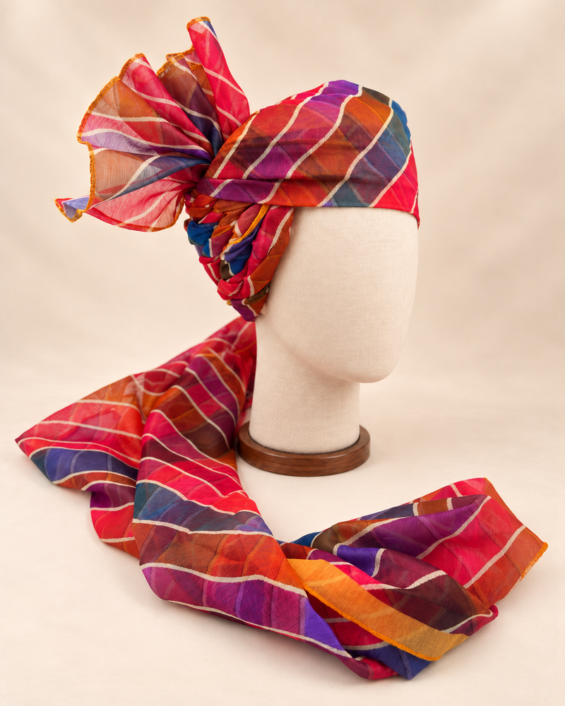 Right side view of multicolour leheriya stripe barati safa showing twisted folds and fan detail