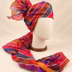 Right side view of multicolour leheriya stripe barati safa showing twisted folds and fan detail