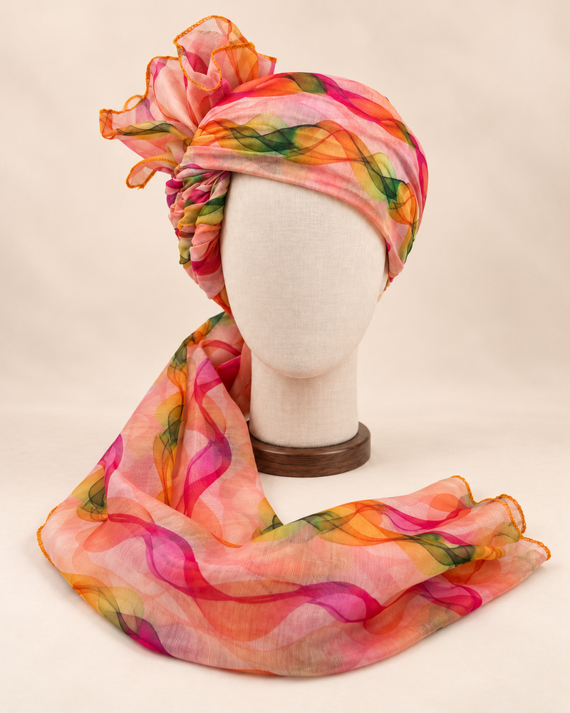 Front view of multicolour wave print barati safa showing the patterned wrap and fan