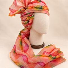 Right side view of multicolour wave print barati safa showing twisted folds and fan detail
