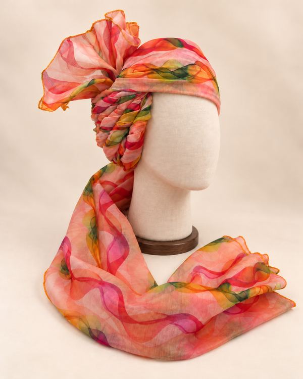 Right side view of multicolour wave print barati safa showing twisted folds and fan detail