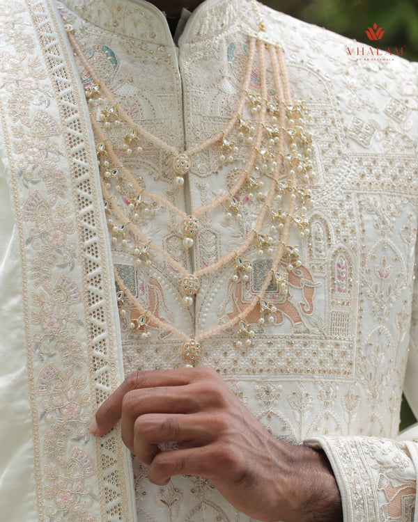 Groom Peach Pearl & Kundan Multi-Layer Mala
