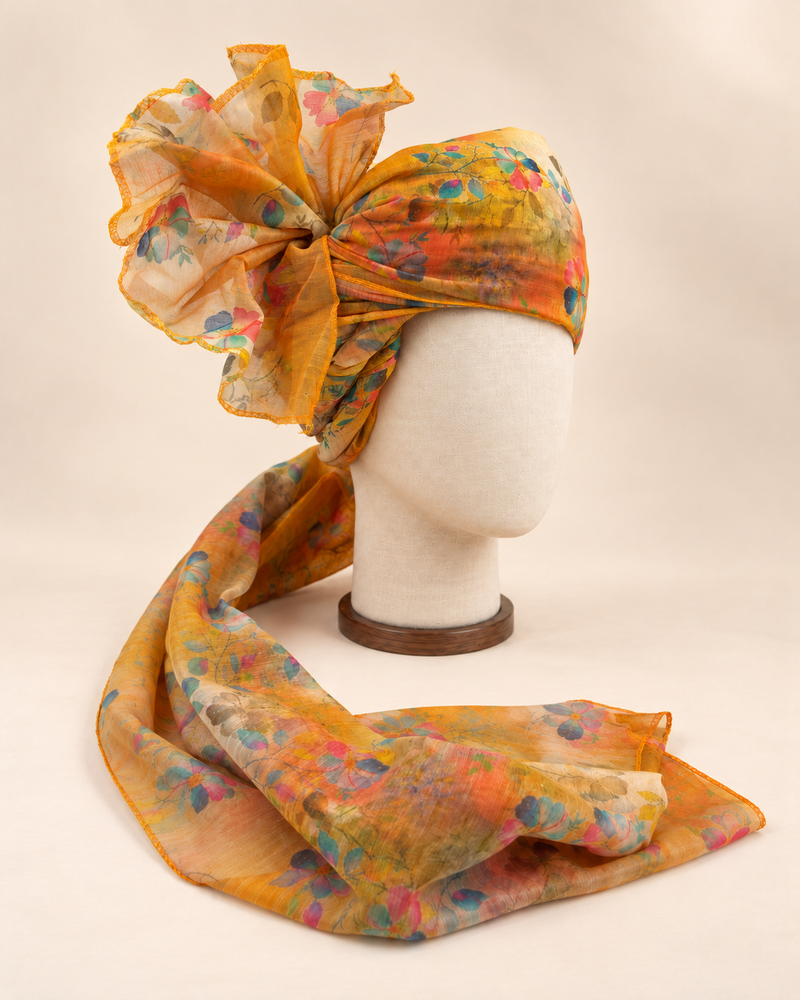 Right side view of mustard multicolour floral print barati safa showing twisted folds and fan detail