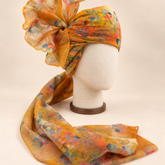 Right side view of mustard multicolour floral print barati safa showing twisted folds and fan detail